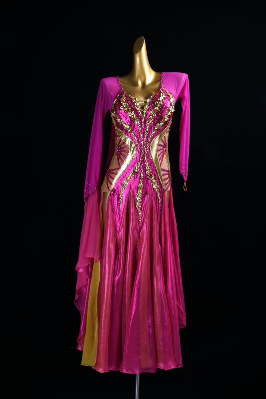 MINEJAS.L516 Fuchsia Pink Ballroom Dance Dress with Gold Rhinestone Embellishments | Long Sleeve Standard Gown
