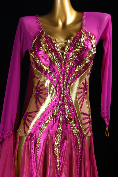 MINEJAS.L516 Fuchsia Pink Ballroom Dance Dress with Gold Rhinestone Embellishments | Long Sleeve Standard Gown