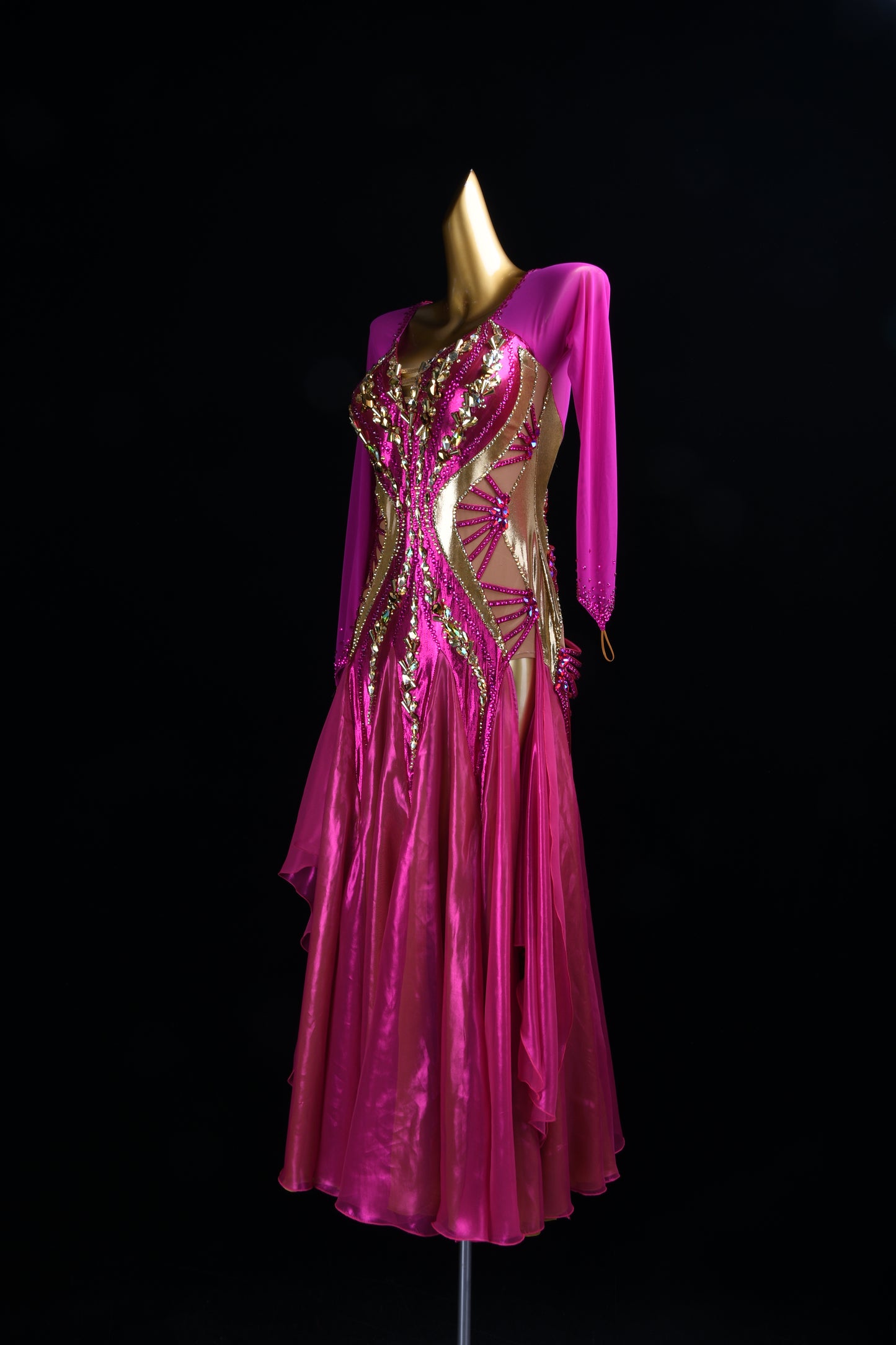 MINEJAS.L516 Fuchsia Pink Ballroom Dance Dress with Gold Rhinestone Embellishments | Long Sleeve Standard Gown