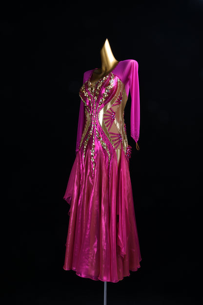 MINEJAS.L516 Fuchsia Pink Ballroom Dance Dress with Gold Rhinestone Embellishments | Long Sleeve Standard Gown