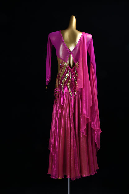 MINEJAS.L516 Fuchsia Pink Ballroom Dance Dress with Gold Rhinestone Embellishments | Long Sleeve Standard Gown