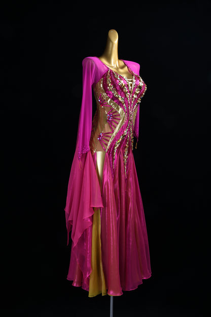 MINEJAS.L516 Fuchsia Pink Ballroom Dance Dress with Gold Rhinestone Embellishments | Long Sleeve Standard Gown