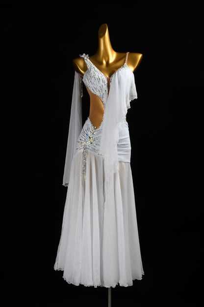 MINEJAS.L521 White Smooth Dance Dress with Rhinestone Embellishments & Chiffon Skirt | One-Shoulder Standard Gown