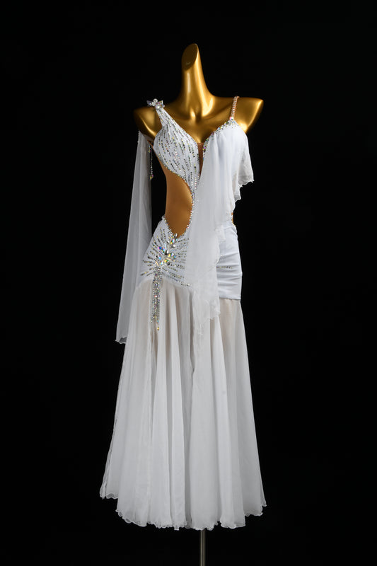 MINEJAS.L521 White Smooth Dance Dress with Rhinestone Embellishments & Chiffon Skirt | One-Shoulder Standard Gown