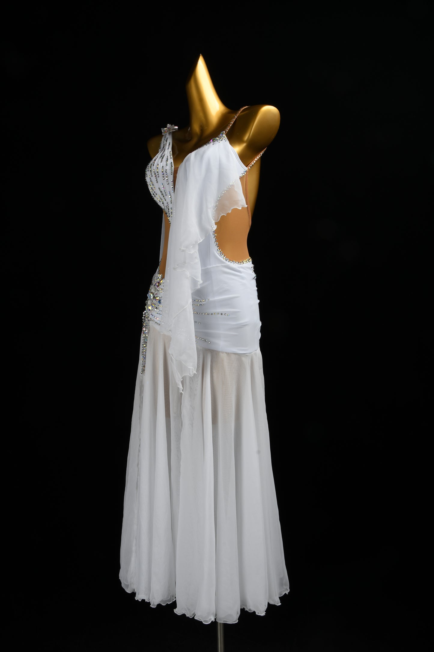 MINEJAS.L521 White Smooth Dance Dress with Rhinestone Embellishments & Chiffon Skirt | One-Shoulder Standard Gown
