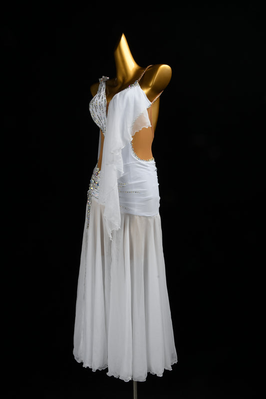 MINEJAS.L521 White Smooth Dance Dress with Rhinestone Embellishments & Chiffon Skirt | One-Shoulder Standard Gown
