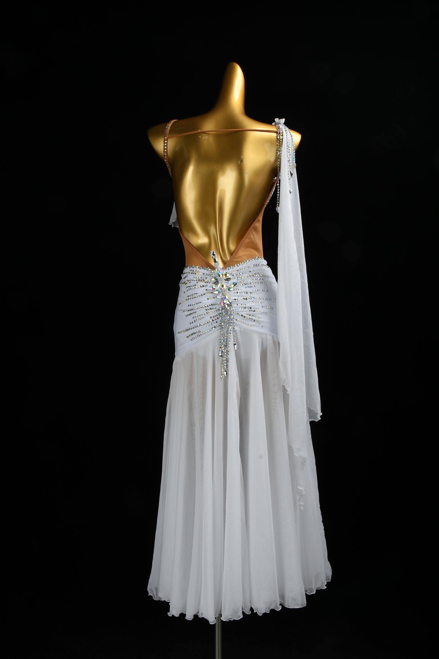 MINEJAS.L521 White Smooth Dance Dress with Rhinestone Embellishments & Chiffon Skirt | One-Shoulder Standard Gown