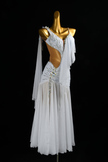 MINEJAS.L521 White Smooth Dance Dress with Rhinestone Embellishments & Chiffon Skirt | One-Shoulder Standard Gown