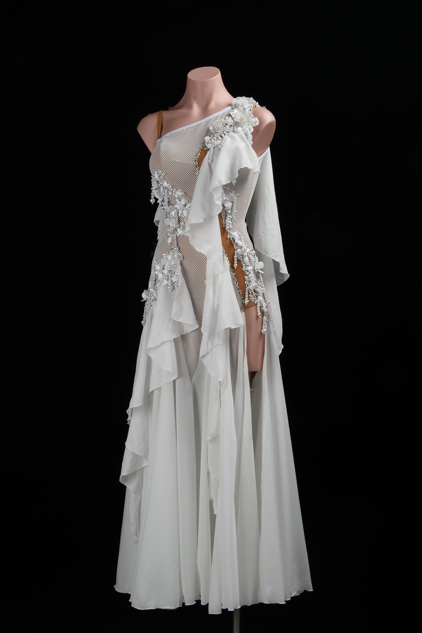 MINEJAS.L517 White Ballroom Dance Dress with 3D Floral Appliqués & Chiffon Skirt | One-Shoulder Standard Gown