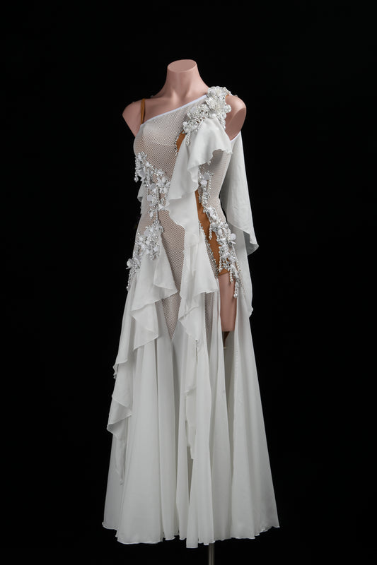 MINEJAS.L517 White Ballroom Dance Dress with 3D Floral Appliqués & Chiffon Skirt | One-Shoulder Standard Gown