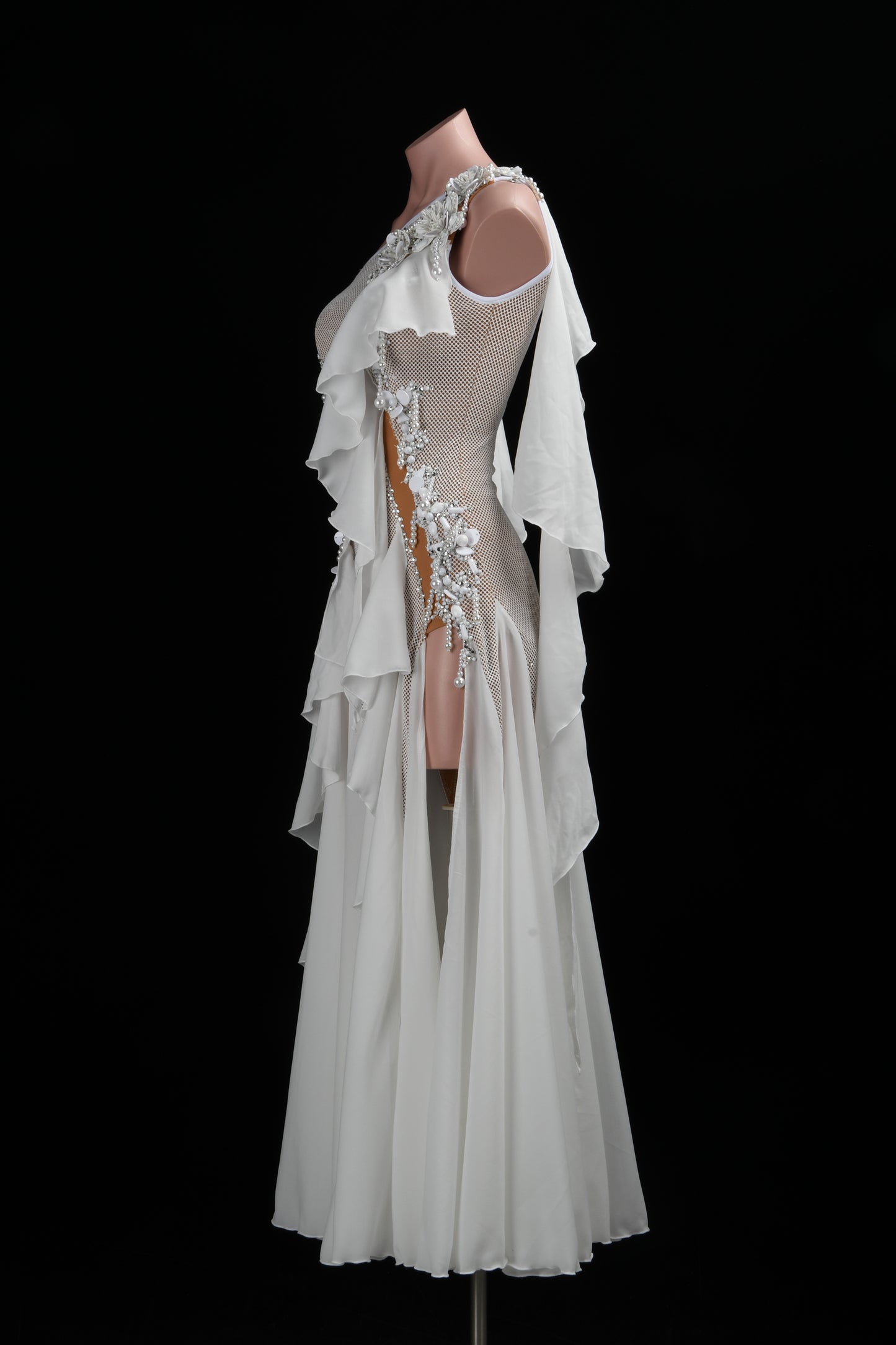 MINEJAS.L517 White Ballroom Dance Dress with 3D Floral Appliqués & Chiffon Skirt | One-Shoulder Standard Gown
