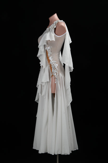 MINEJAS.L517 White Ballroom Dance Dress with 3D Floral Appliqués & Chiffon Skirt | One-Shoulder Standard Gown