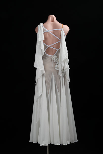 MINEJAS.L517 White Ballroom Dance Dress with 3D Floral Appliqués & Chiffon Skirt | One-Shoulder Standard Gown