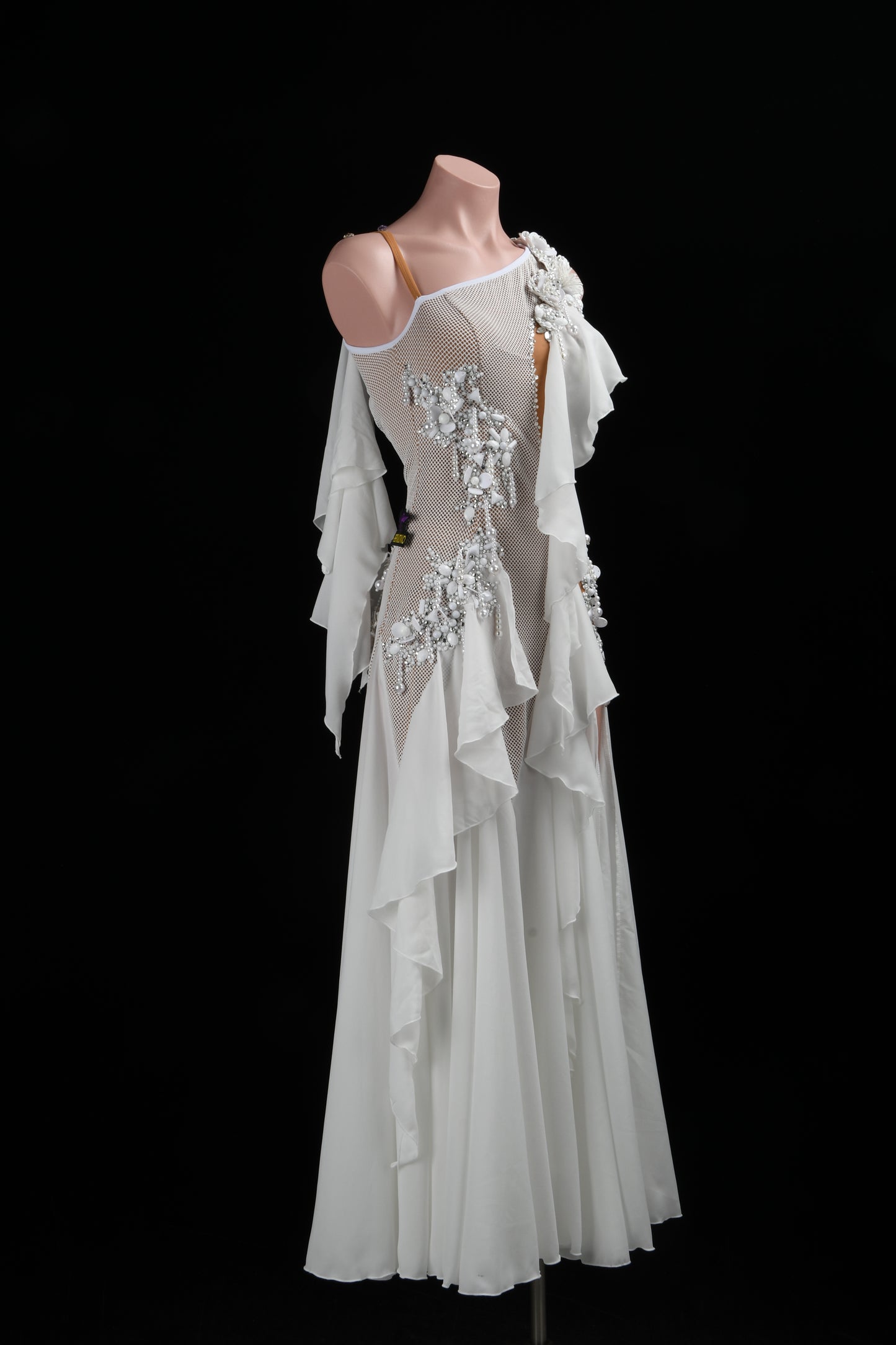 MINEJAS.L517 White Ballroom Dance Dress with 3D Floral Appliqués & Chiffon Skirt | One-Shoulder Standard Gown