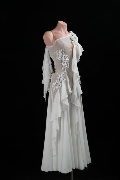 MINEJAS.L517 White Ballroom Dance Dress with 3D Floral Appliqués & Chiffon Skirt | One-Shoulder Standard Gown