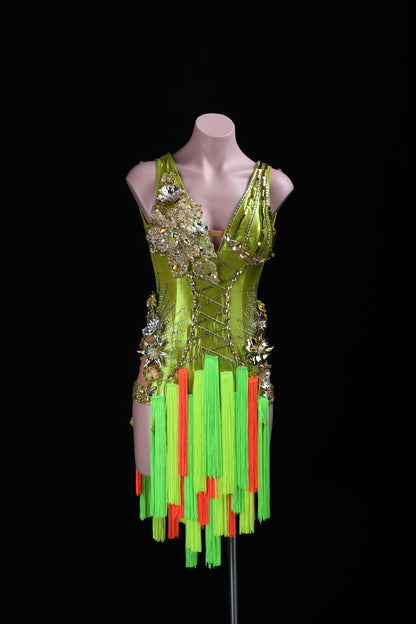 MINEJAS.L508 Lime Green Latin Fringe Dress with 3D Floral Embellishments & Orange Accents | Custom Dance Costume