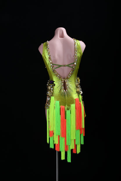 MINEJAS.L508 Lime Green Latin Fringe Dress with 3D Floral Embellishments & Orange Accents | Custom Dance Costume