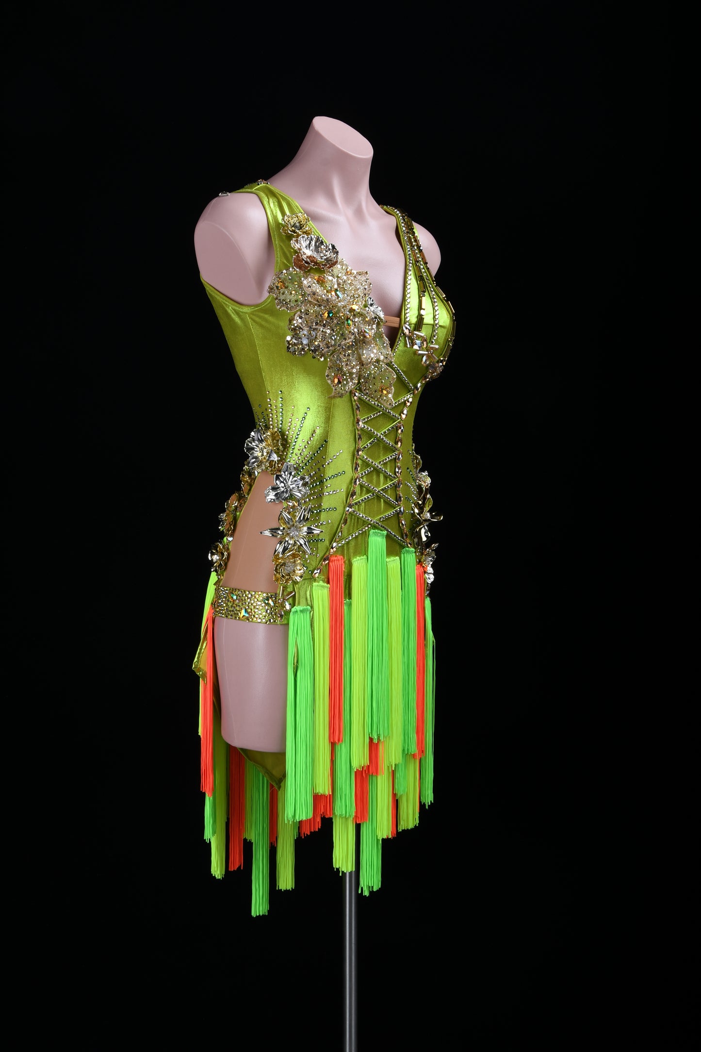 MINEJAS.L508 Lime Green Latin Fringe Dress with 3D Floral Embellishments & Orange Accents | Custom Dance Costume