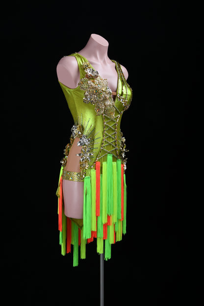MINEJAS.L508 Lime Green Latin Fringe Dress with 3D Floral Embellishments & Orange Accents | Custom Dance Costume