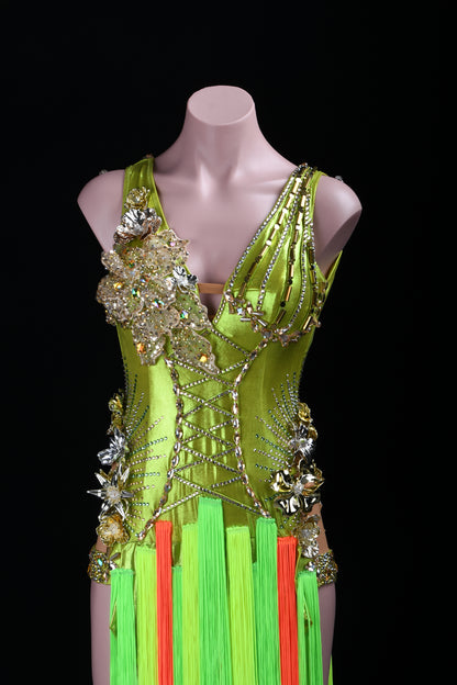 MINEJAS.L508 Lime Green Latin Fringe Dress with 3D Floral Embellishments & Orange Accents | Custom Dance Costume