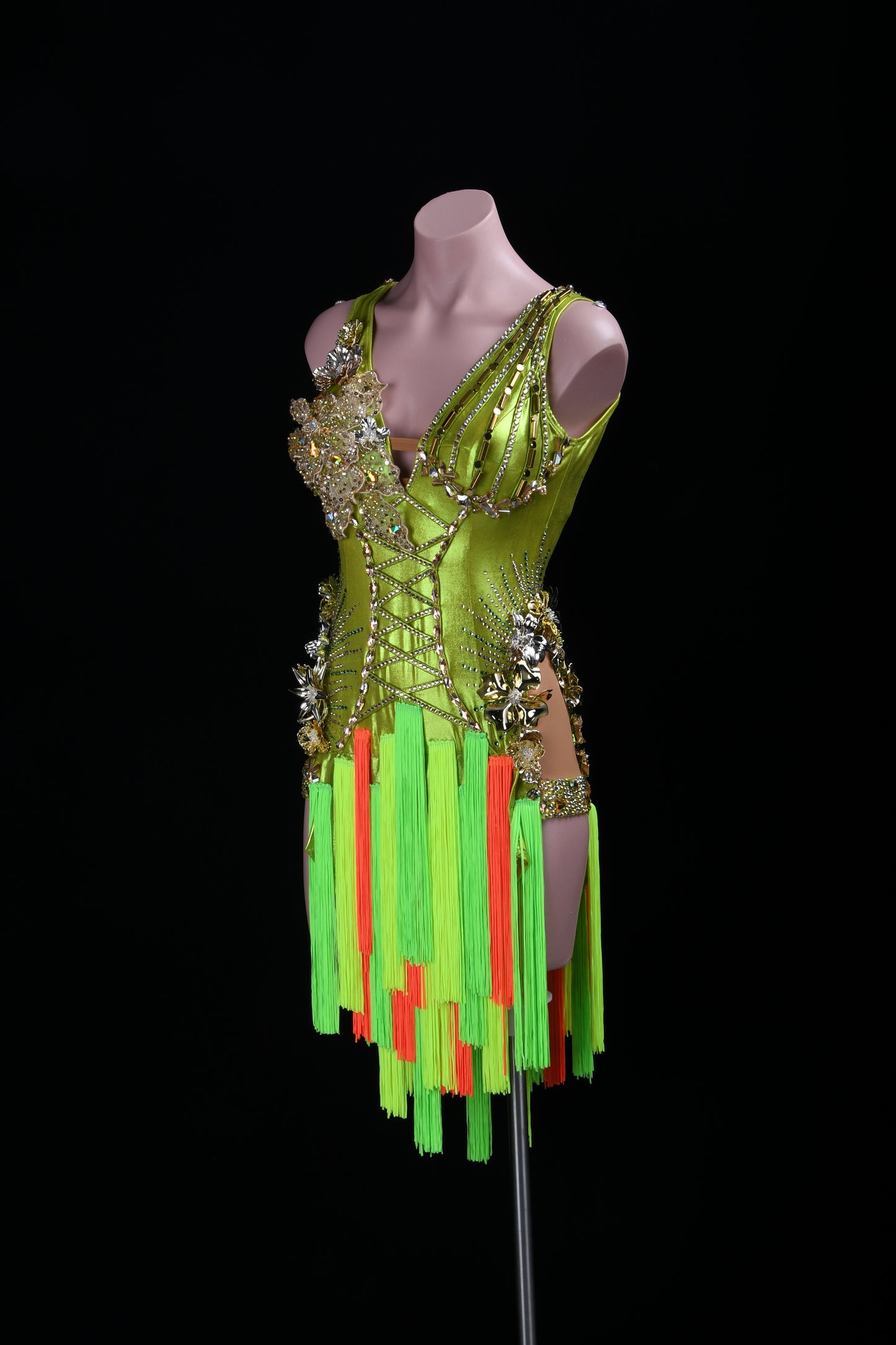 MINEJAS.L508 Lime Green Latin Fringe Dress with 3D Floral Embellishments & Orange Accents | Custom Dance Costume