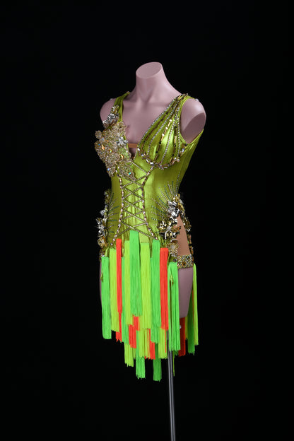 MINEJAS.L508 Lime Green Latin Fringe Dress with 3D Floral Embellishments & Orange Accents | Custom Dance Costume