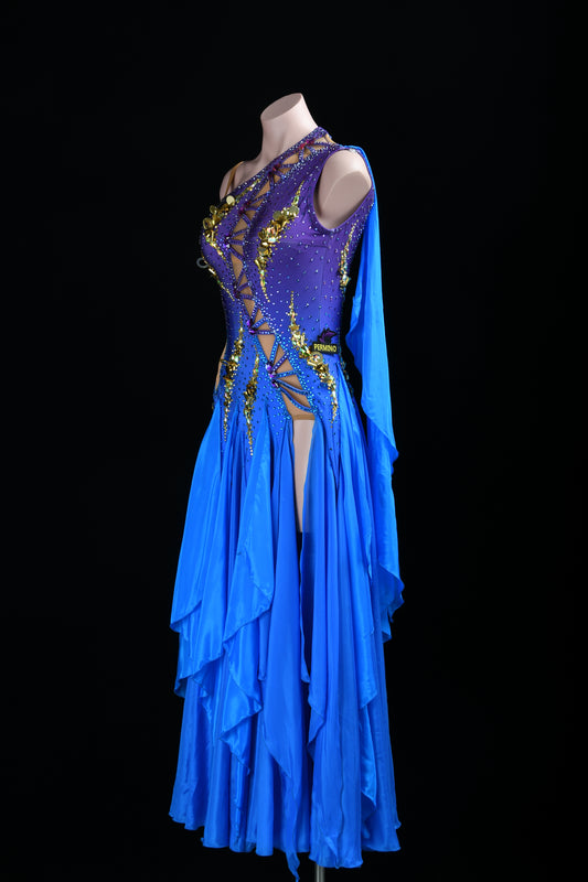 MINEJAS.L518 Purple & Blue Ballroom Dance Dress with Gold Sequin Accents | Asymmetrical Standard Competition Gown