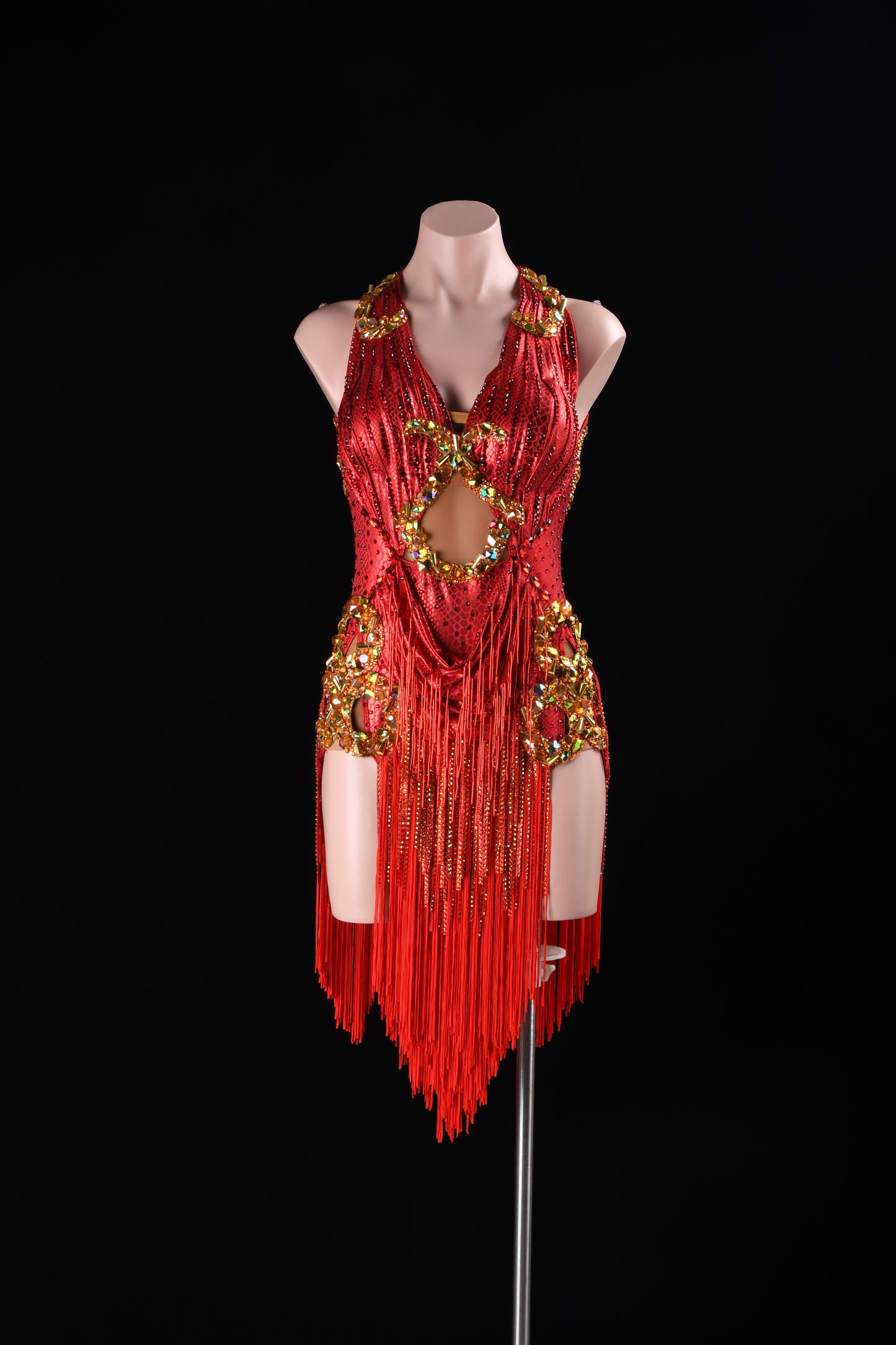 MINEJAS.L509 Red Halter Latin Fringe Dress with Gold Rhinestone Embellishments | Competition Rhythm Dance Gown