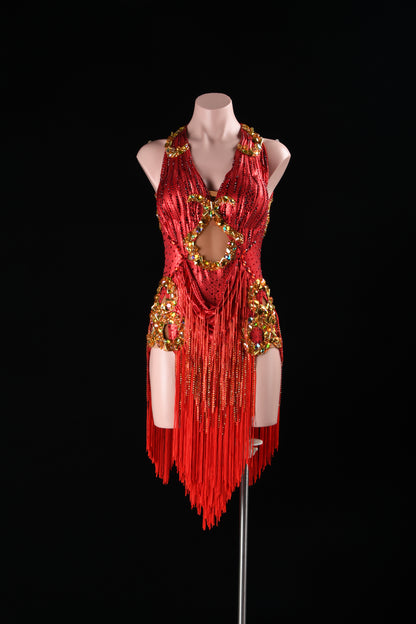 MINEJAS.L509 Red Halter Latin Fringe Dress with Gold Rhinestone Embellishments | Competition Rhythm Dance Gown