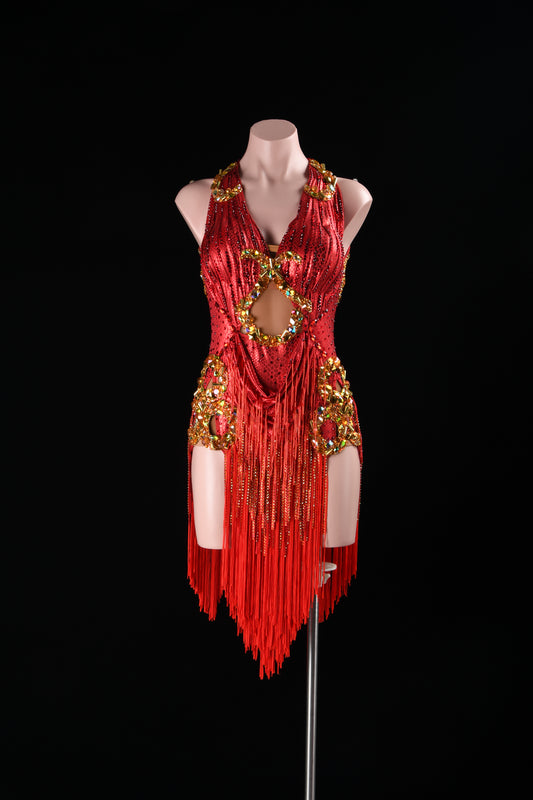 MINEJAS.L509 Red Halter Latin Fringe Dress with Gold Rhinestone Embellishments | Competition Rhythm Dance Gown