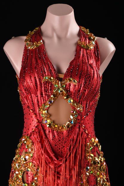 MINEJAS.L509 Red Halter Latin Fringe Dress with Gold Rhinestone Embellishments | Competition Rhythm Dance Gown