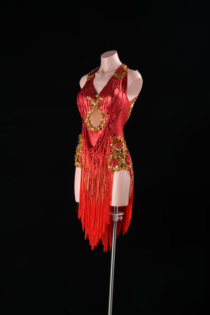 MINEJAS.L509 Red Halter Latin Fringe Dress with Gold Rhinestone Embellishments | Competition Rhythm Dance Gown