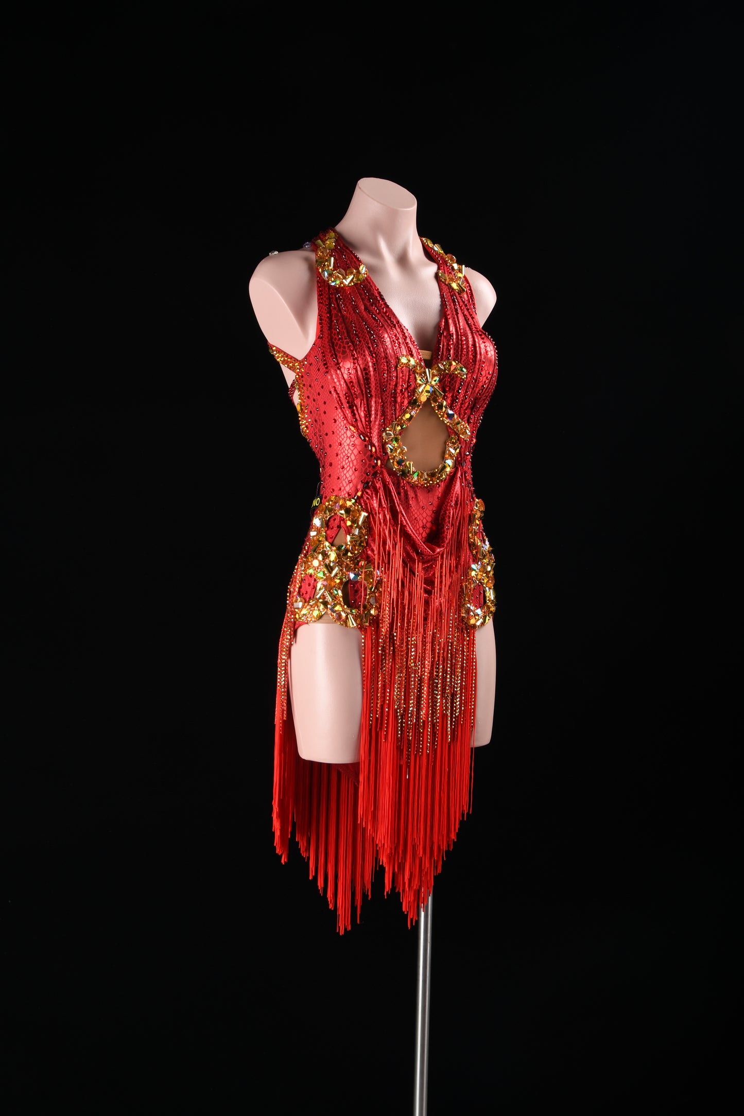 MINEJAS.L509 Red Halter Latin Fringe Dress with Gold Rhinestone Embellishments | Competition Rhythm Dance Gown