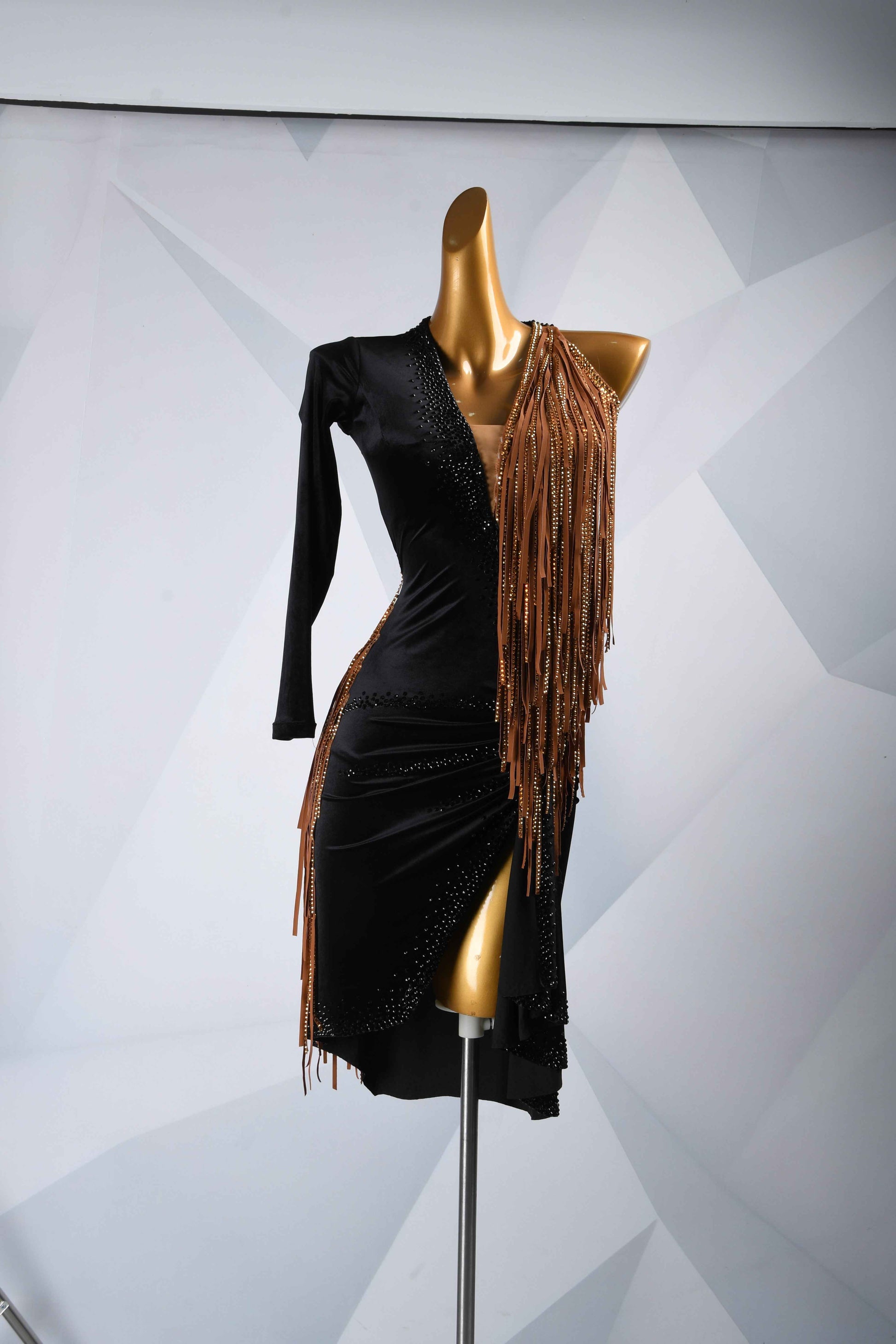 MINEJAS.L5722 Black Brown Fringe Latin Performance Gown