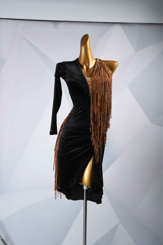 MINEJAS.L5722 Black Brown Fringe Latin Performance Gown