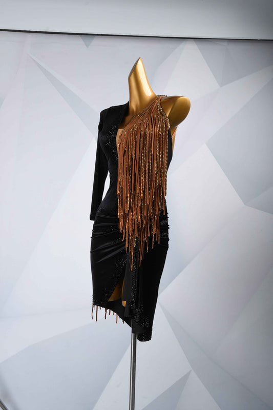 MINEJAS.L5722 Black Brown Fringe Latin Performance Gown
