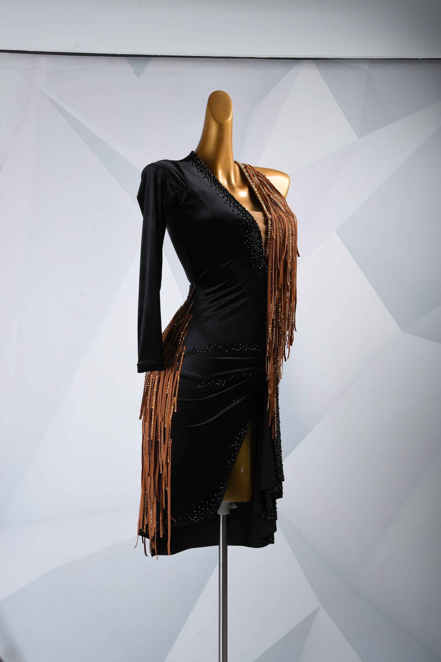 MINEJAS.L5722 Black Brown Fringe Latin Performance Gown