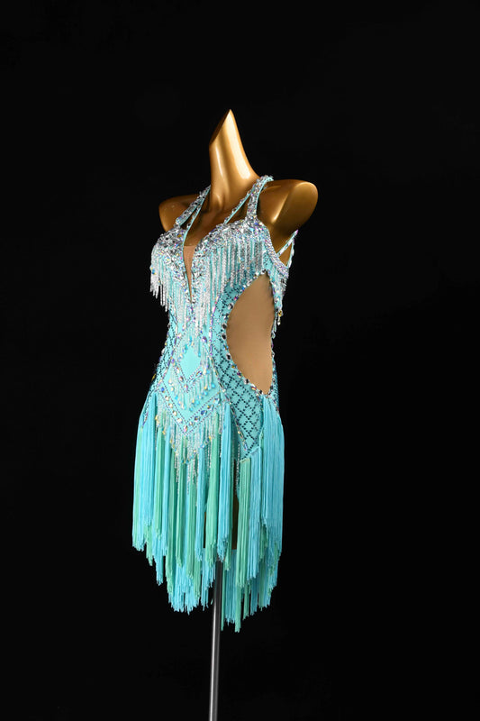 MINEJAS.L96 Mint Green AB Rhinestone Latin Competition Gown