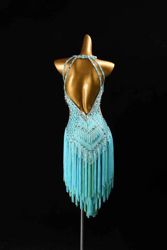 MINEJAS.L96 Mint Green AB Rhinestone Latin Competition Gown