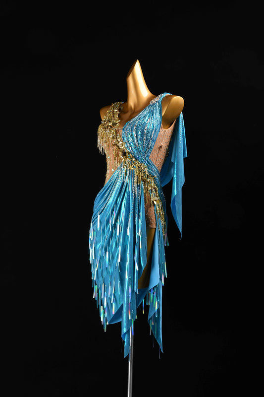 MINEJAS.L97 Blue Gold One Shoulder Latin Performance Dress