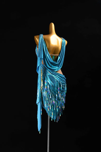 MINEJAS.L97 Blue Gold One Shoulder Latin Performance Dress
