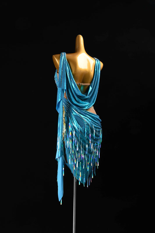 MINEJAS.L97 Blue Gold One Shoulder Latin Performance Dress