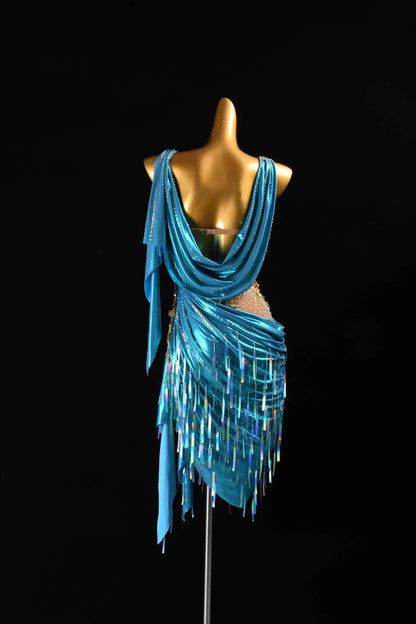 MINEJAS.L97 Blue Gold One Shoulder Latin Performance Dress