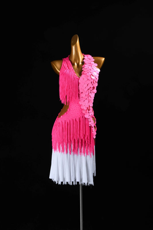 MINEJAS.L5927 Pink White Fringe Latin Dance Dress