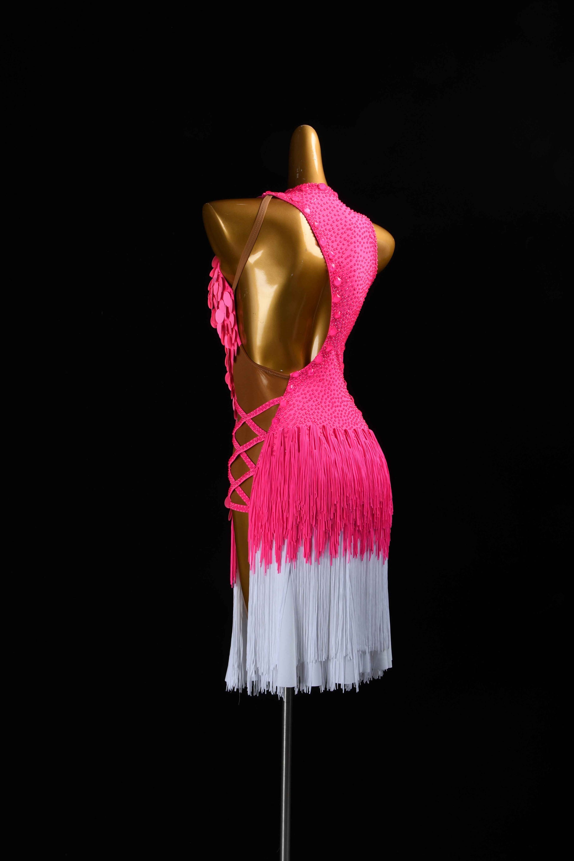 MINEJAS.L5927 Pink White Fringe Latin Dance Dress