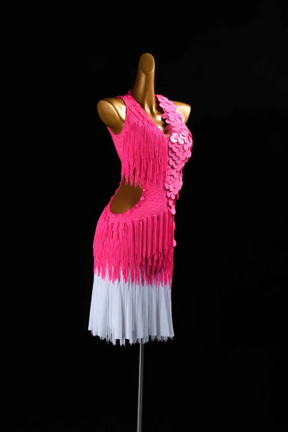 MINEJAS.L5927 Pink White Fringe Latin Dance Dress