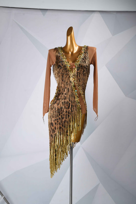 MINEJAS.L5965 Leopard Print Gold Fringe Latin Dress
