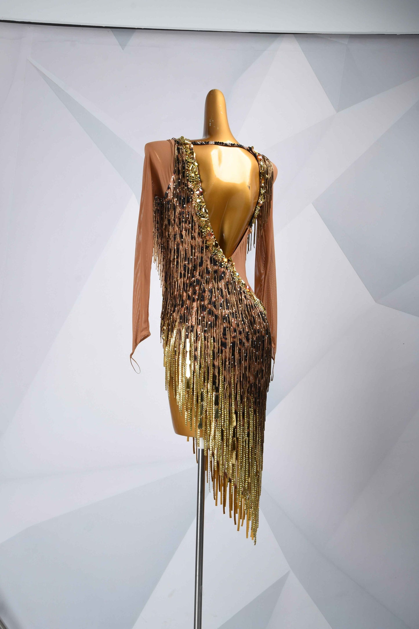 MINEJAS.L5965 Leopard Print Gold Fringe Latin Dress