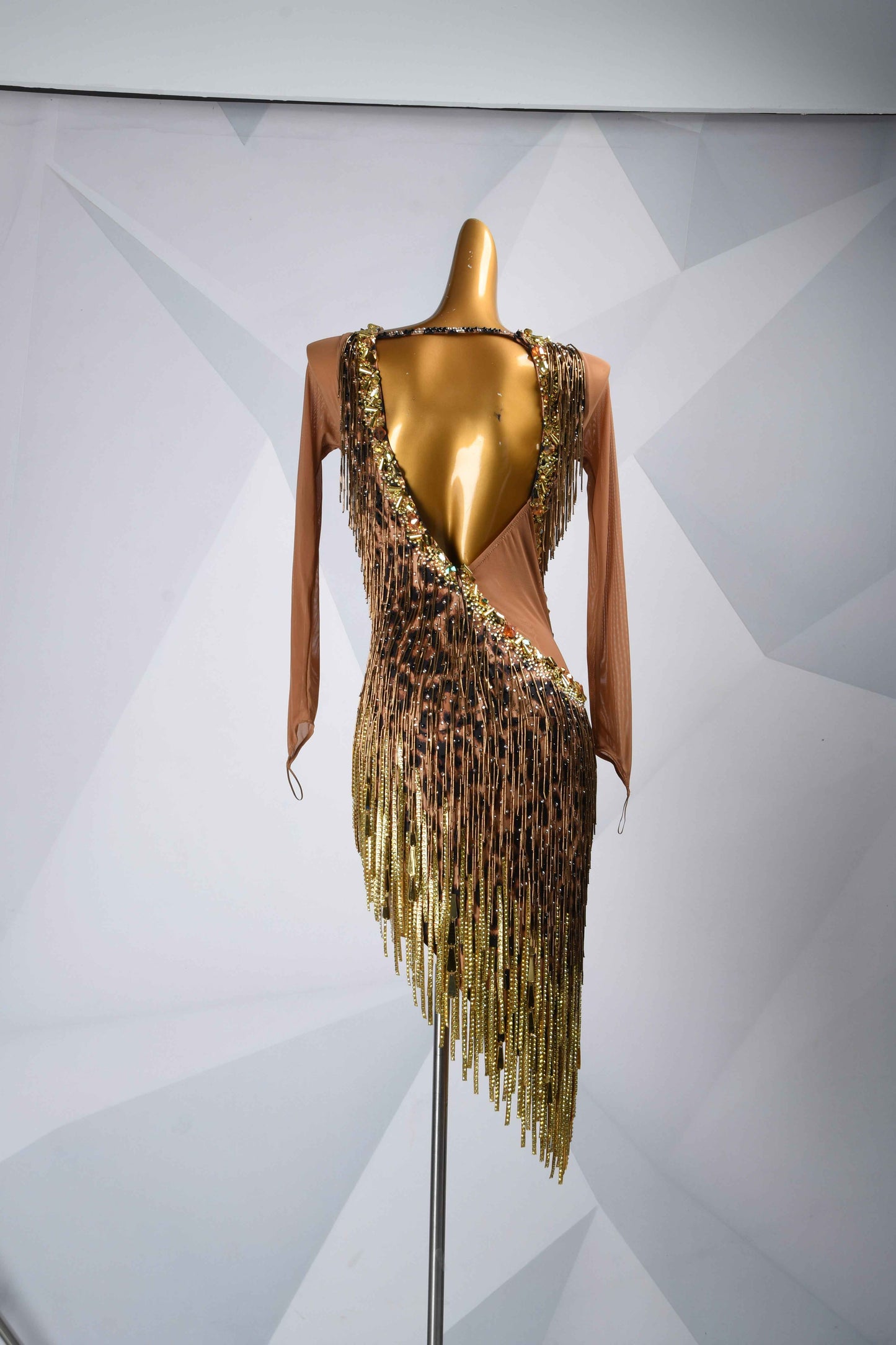 MINEJAS.L5965 Leopard Print Gold Fringe Latin Dress