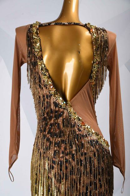 MINEJAS.L5965 Leopard Print Gold Fringe Latin Dress